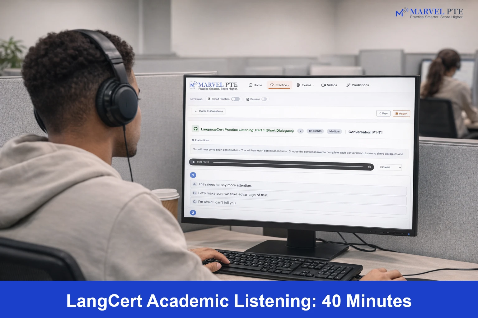 Student wearing headphones completing LanguageCert Academic listening section at test centre