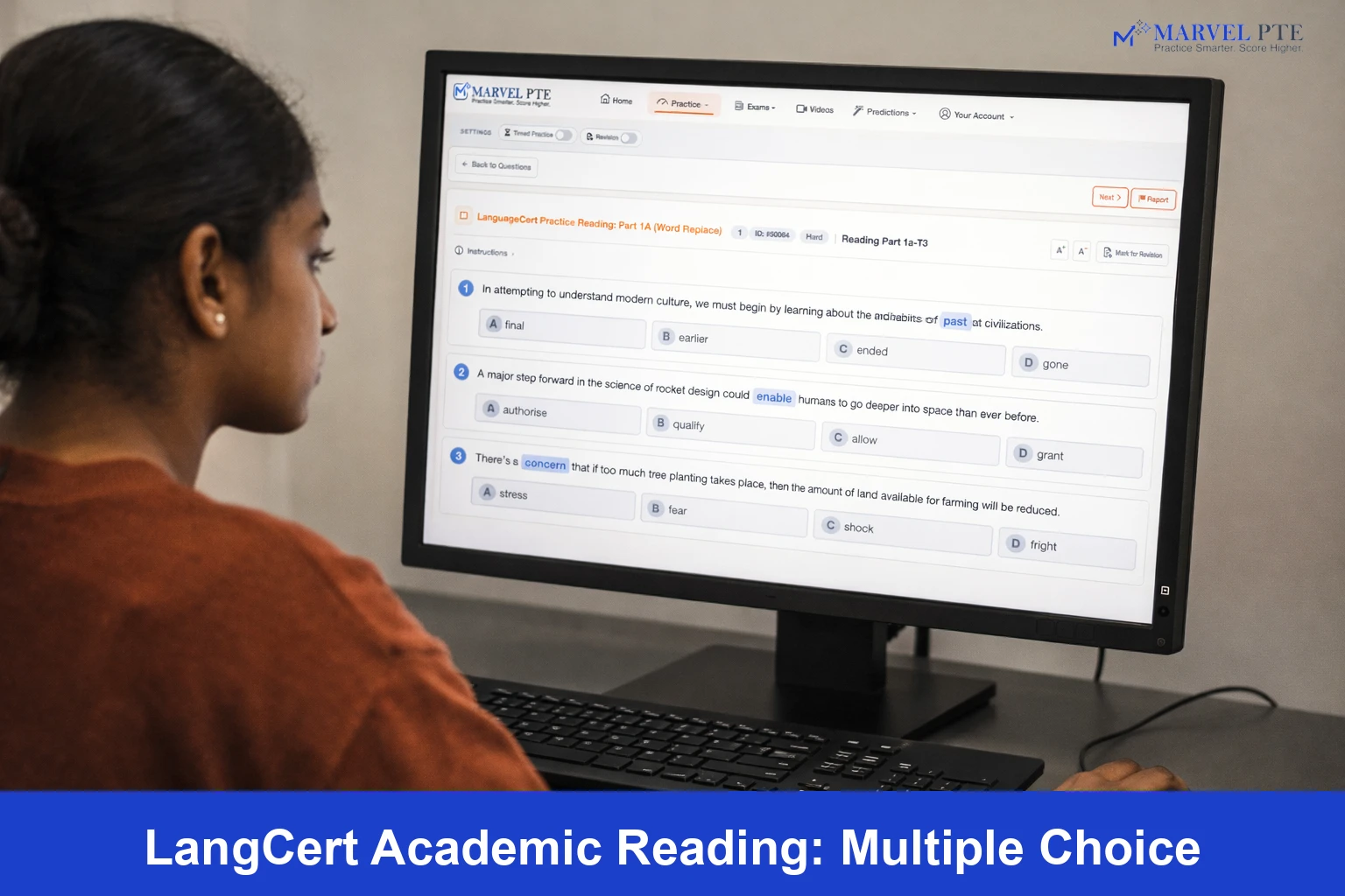 Student reading LanguageCert Academic test questions on computer screen at test centre