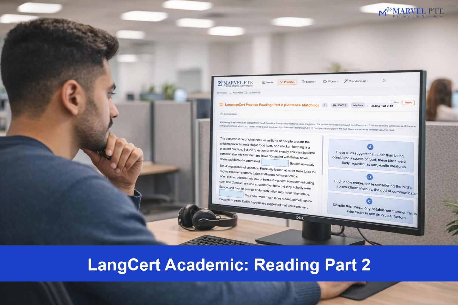 Student taking LanguageCert Reading Part 2 sentence matching test at computer