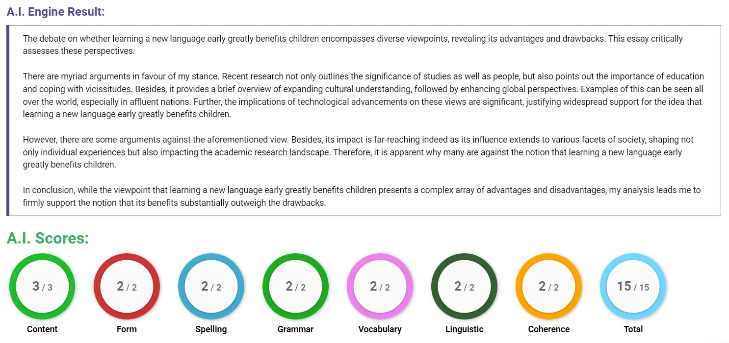 AI assessment screenshot for Benefits of Early Language Learning for Children