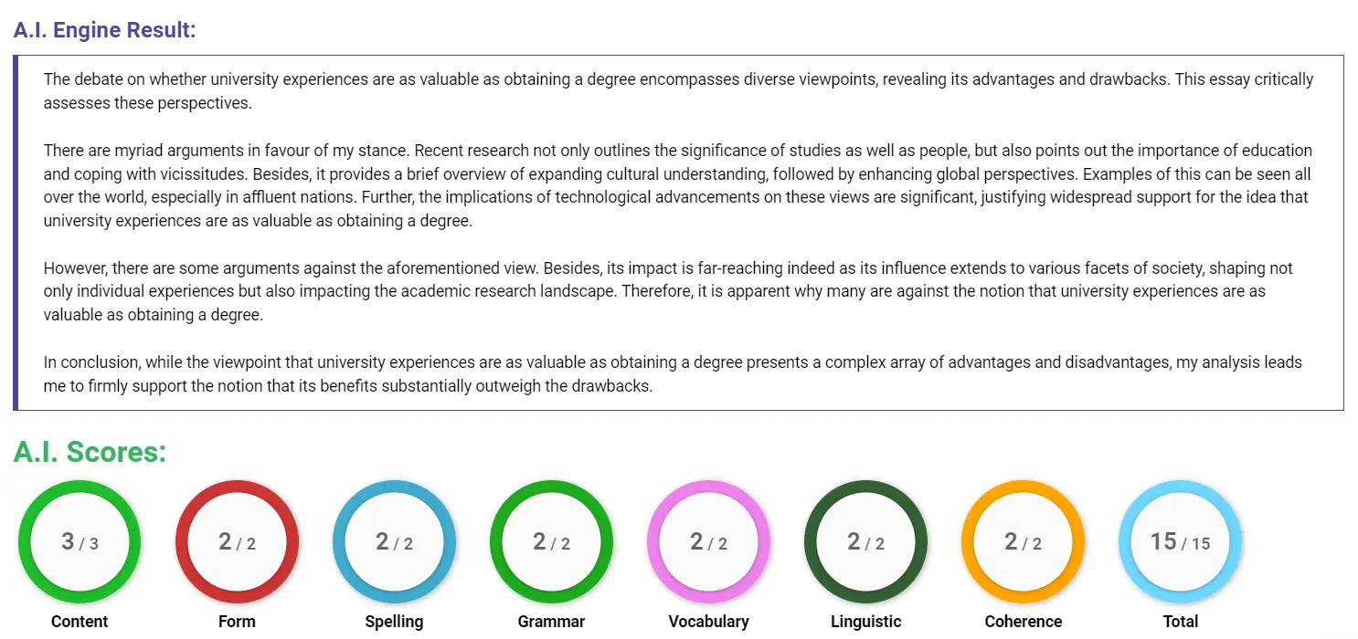 AI assessment screenshot for Is University Experience More Important than a Degree?