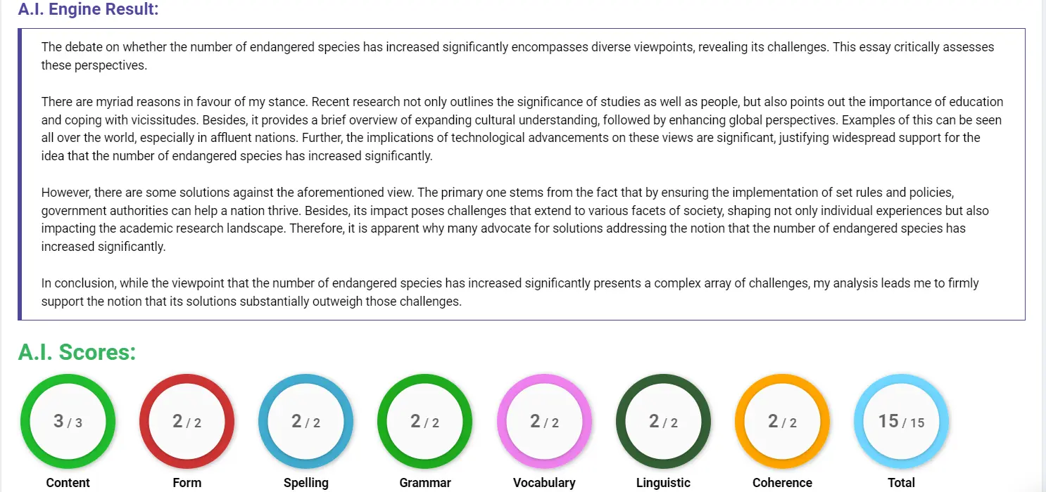 AI assessment screenshot for Endangered Species and Mass Extinctions Today