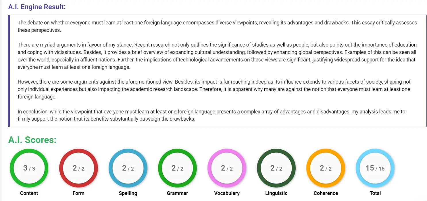 AI assessment screenshot for Importance of Learning a Foreign Language in Globalisation
