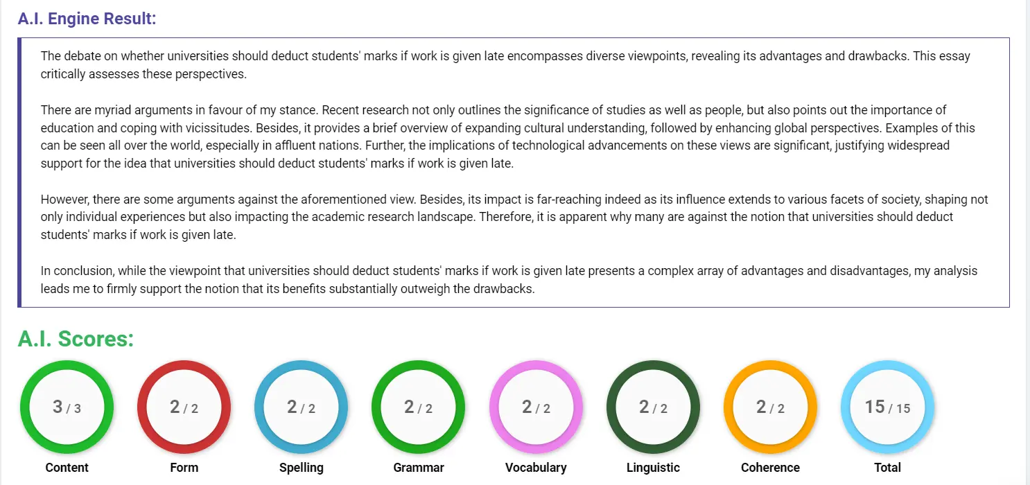 AI assessment screenshot for Late Submission Penalties in Universities