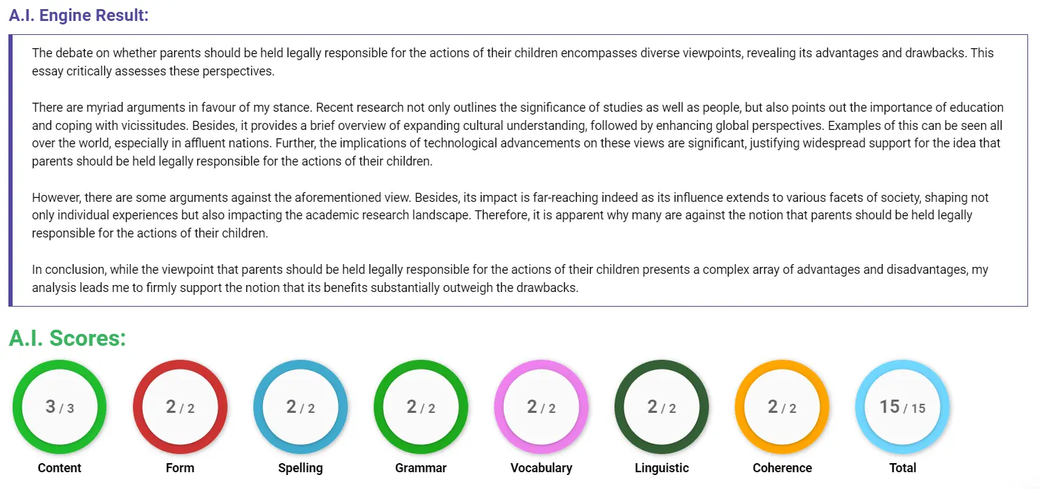 AI assessment screenshot for Should Parents Be Responsible for Their Children's Actions?