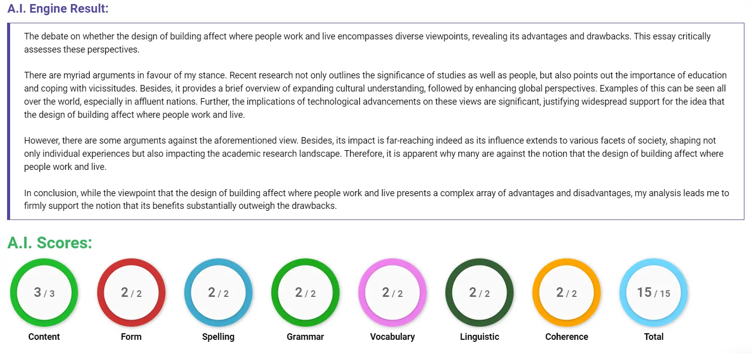 AI assessment screenshot for Impact of Building Design on Work and Living Spaces
