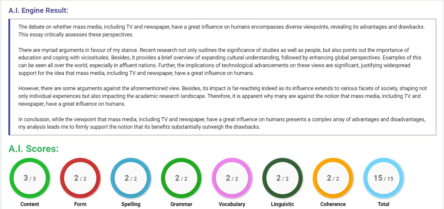 AI assessment screenshot for Influence of Mass Media on Young People