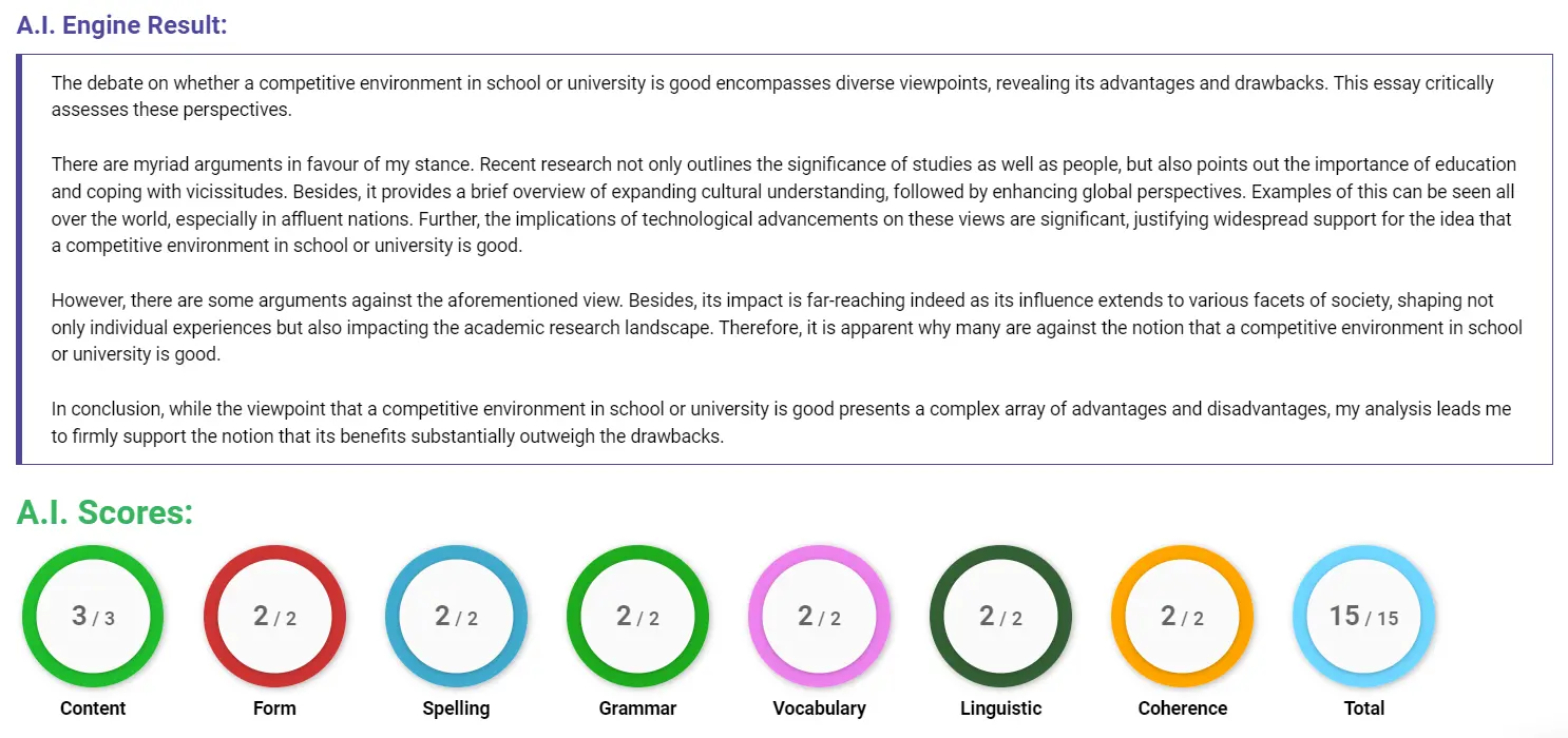 AI assessment screenshot for Is Competition in Education Beneficial or Harmful?