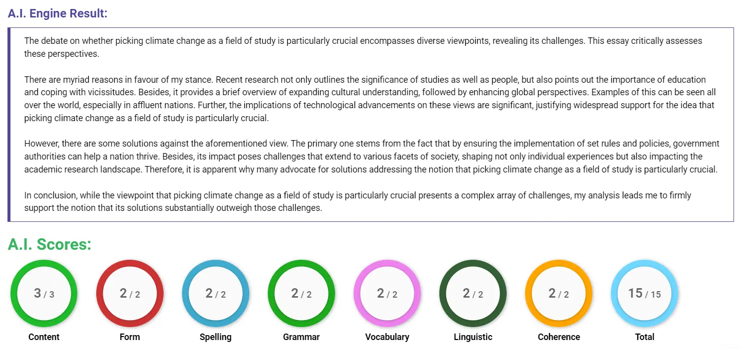 AI assessment screenshot for Preferred Area of Study in Climate Change