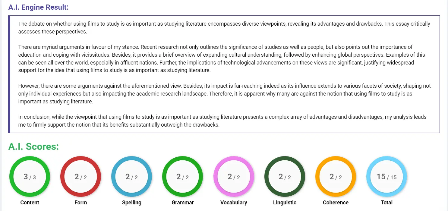AI assessment screenshot for Films vs. Literature in Children's Education