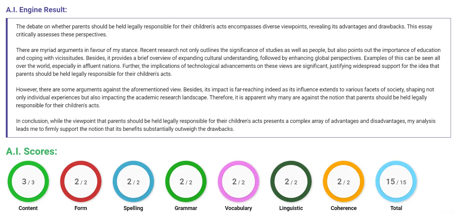 AI assessment screenshot for Should Parents Be Responsible for Their Children's Actions?