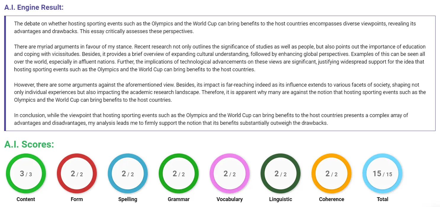 AI assessment screenshot for Benefits of Hosting Major Sporting Events