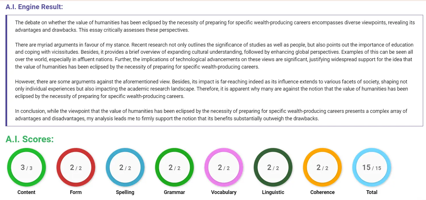 AI assessment screenshot for Value of Humanities in Today's World