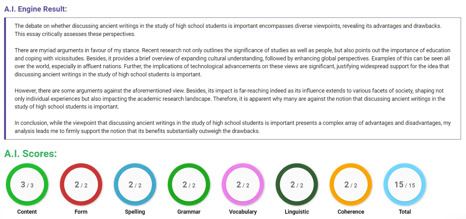 AI assessment screenshot for Role of Theatre Plays in High School Studies