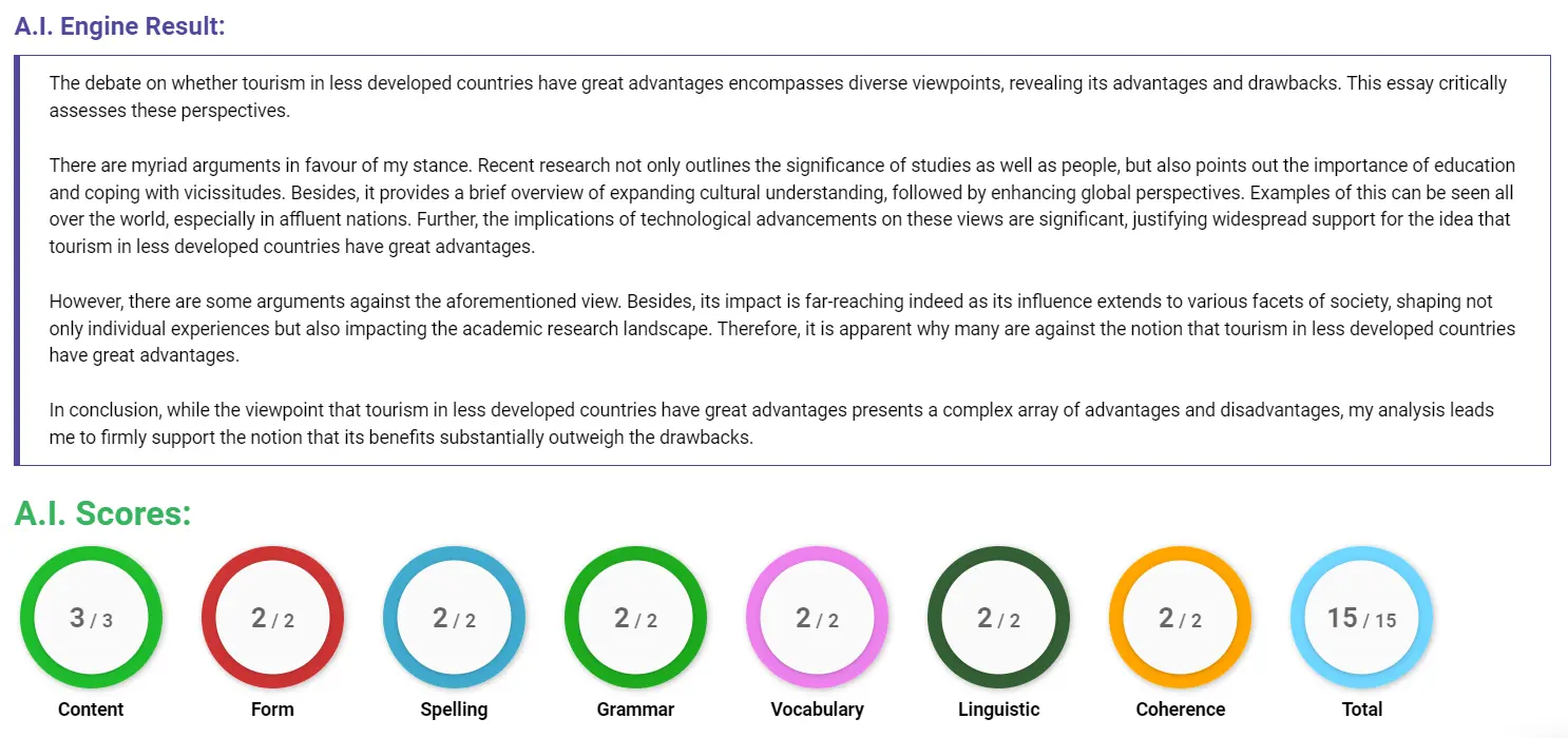 AI assessment screenshot for Tourism: Benefits and Drawbacks in Developing Countries