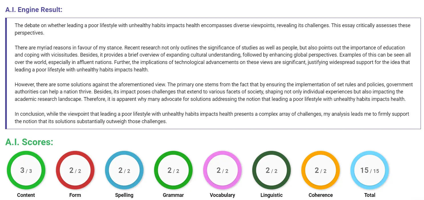 AI assessment screenshot for Problems of a Poor Lifestyle and Prevention