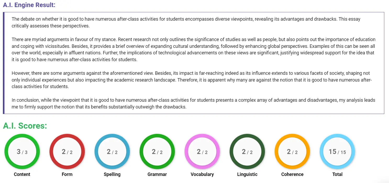 AI assessment screenshot for Are After-Class Activities Good for Students?