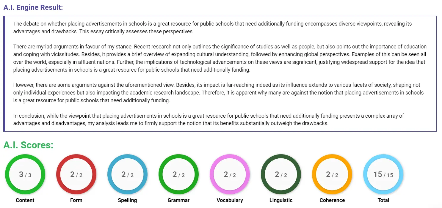AI assessment screenshot for Advertisements in Schools: Helpful or Harmful?