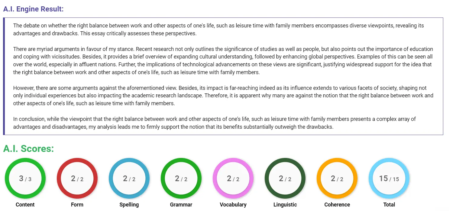 AI assessment screenshot for Balancing Work and Life