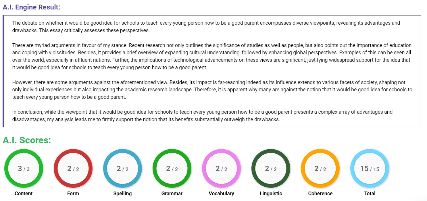 AI assessment screenshot for Should Schools Teach Parenting Skills?