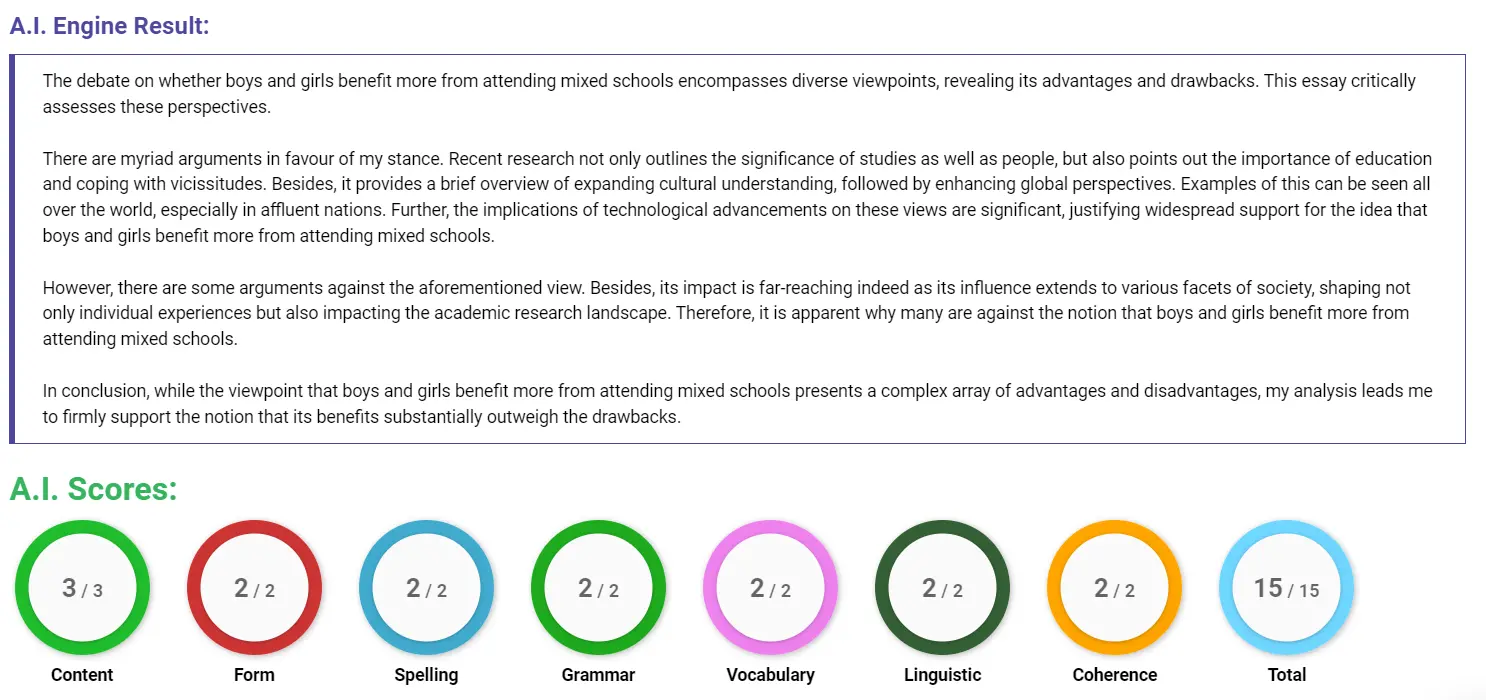 AI assessment screenshot for Single-Sex Schools vs. Mixed Schools