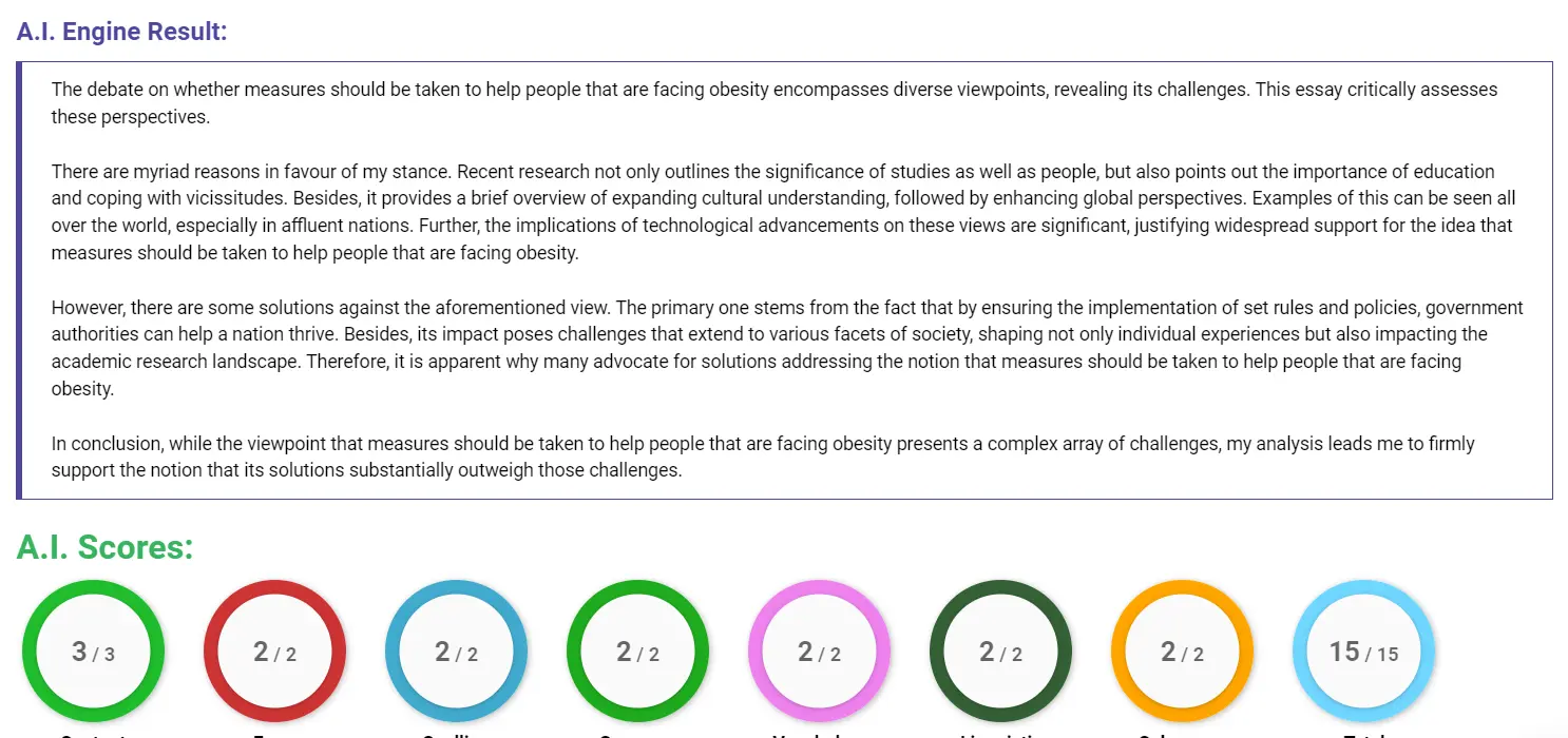 AI assessment screenshot for Causes and Solutions for Obesity