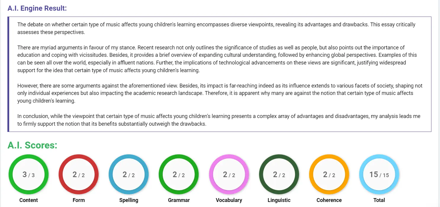 AI assessment screenshot for Does Music Influence Children's Learning?