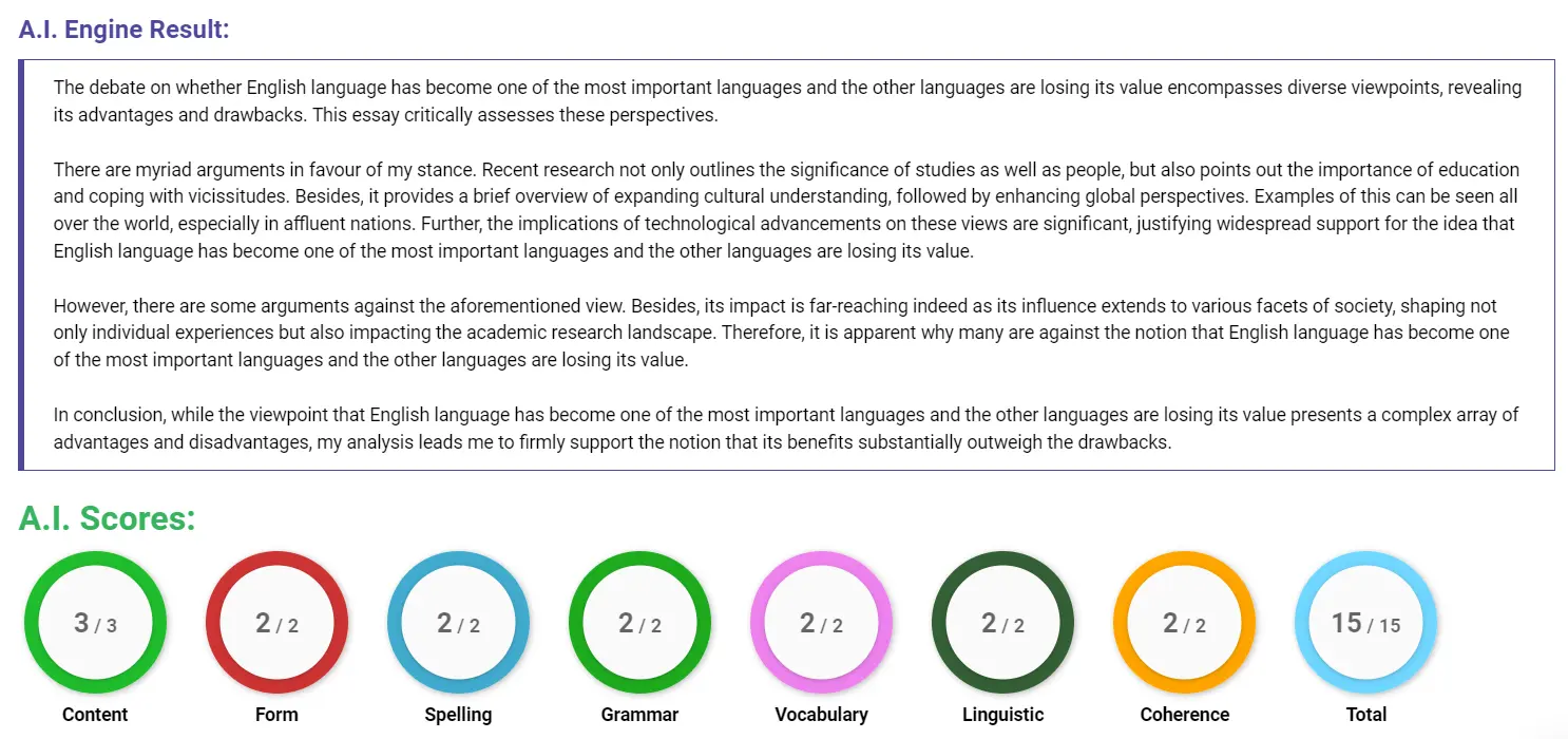 AI assessment screenshot for Importance of the English Language Today