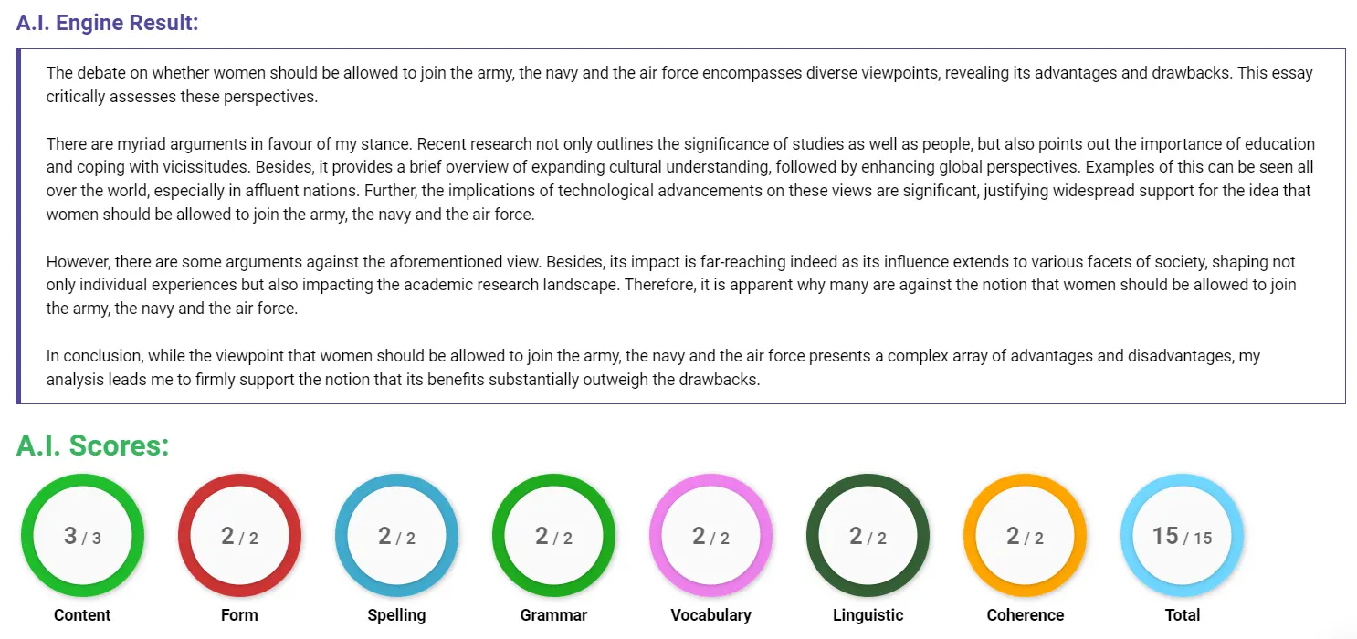 AI assessment screenshot for Should Women Join the Military Like Men?