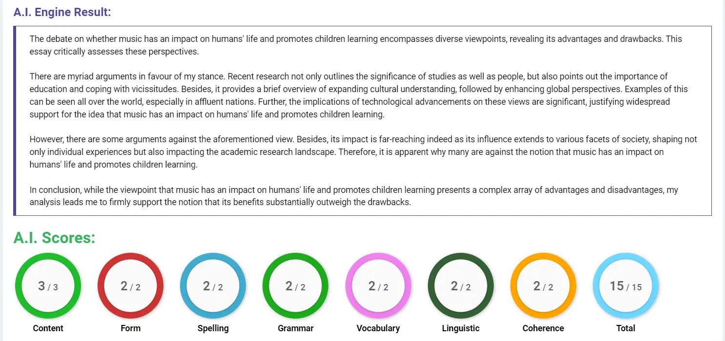AI assessment screenshot for Does Music Help Children Learn?