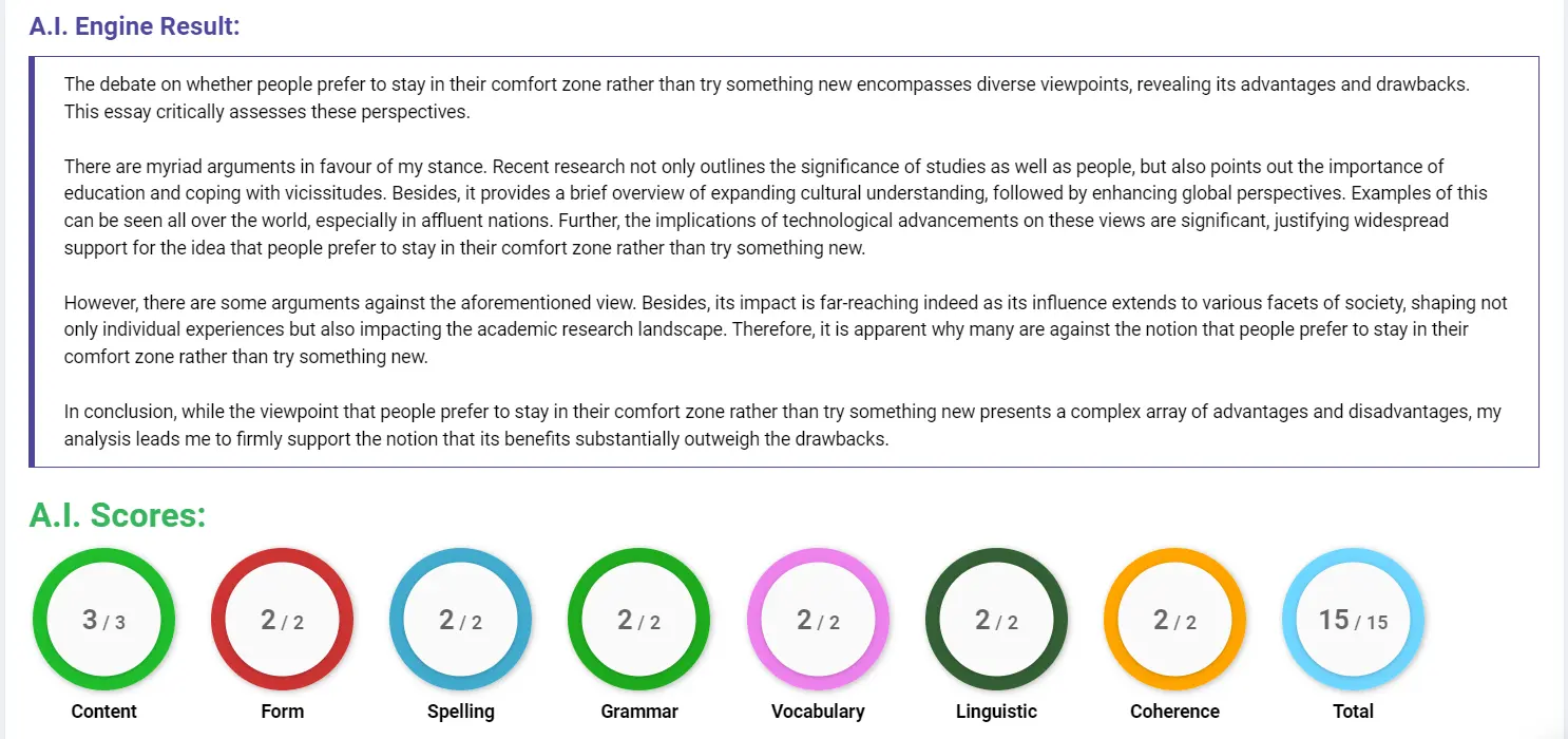 AI assessment screenshot for Staying in Comfort Zones vs. Trying New Things