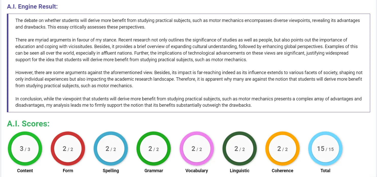 AI assessment screenshot for Academic Subjects vs. Practical Subjects in Schools