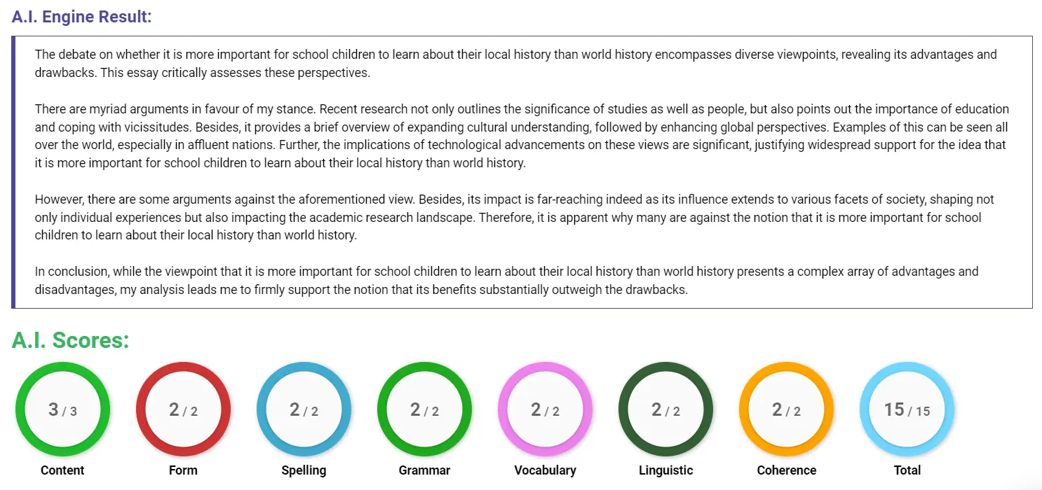AI assessment screenshot for Local History vs. World History in Schools