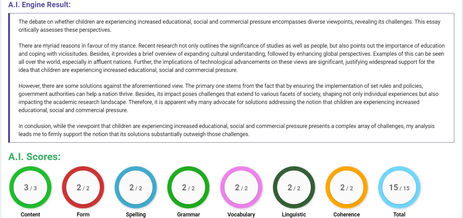 AI assessment screenshot for Causes of Pressure on Children Today