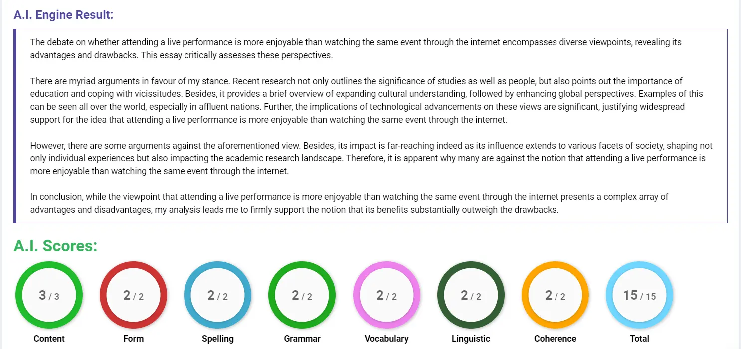AI assessment screenshot for Live Performances vs. Online Viewing