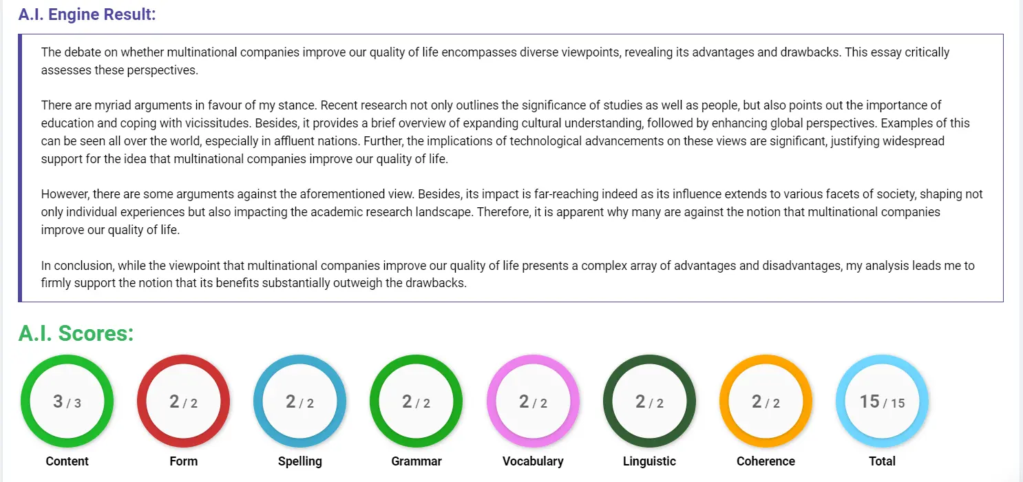 AI assessment screenshot for Impact of Multinational Companies on Quality of Life