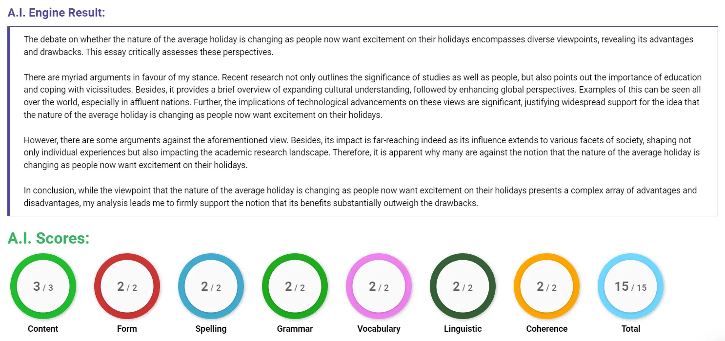 AI assessment screenshot for Changing Nature of Holidays: Excitement or Relaxation?