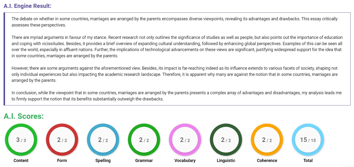 AI assessment screenshot for Arranged Marriages vs. Personal Choice