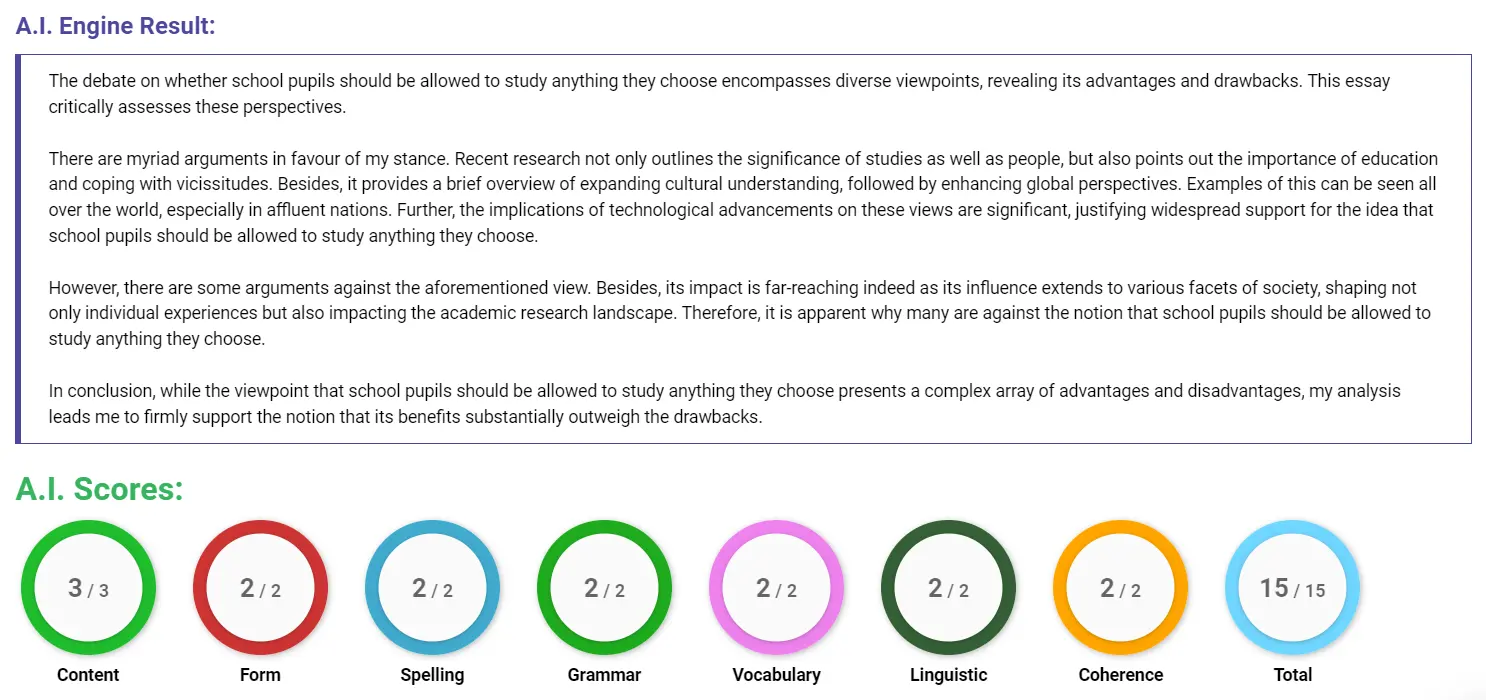 AI assessment screenshot for Should Pupils Choose Their Own Subjects?