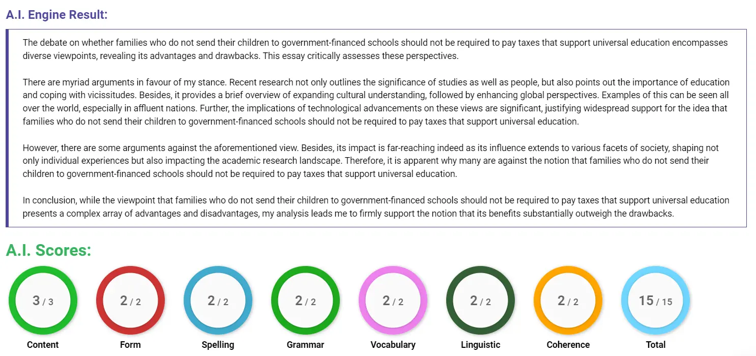 AI assessment screenshot for Should Families Pay Taxes for Universal Education?
