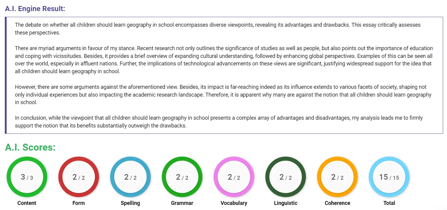 AI assessment screenshot for Should Children Learn Geography in School?