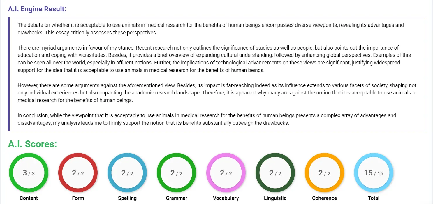 AI assessment screenshot for Animal Testing in Medical Research: Right or Wrong?