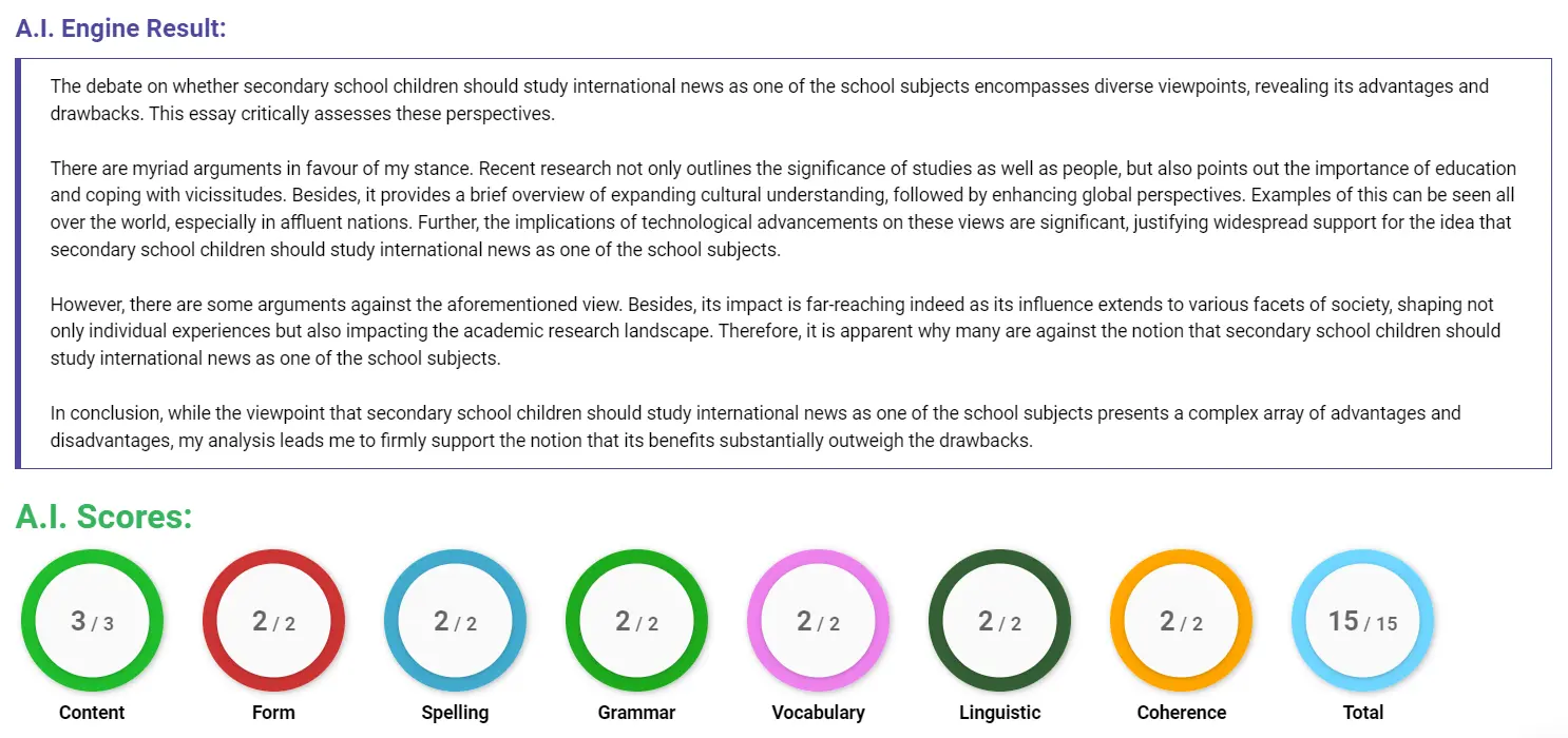 AI assessment screenshot for Should Secondary School Students Study International News?