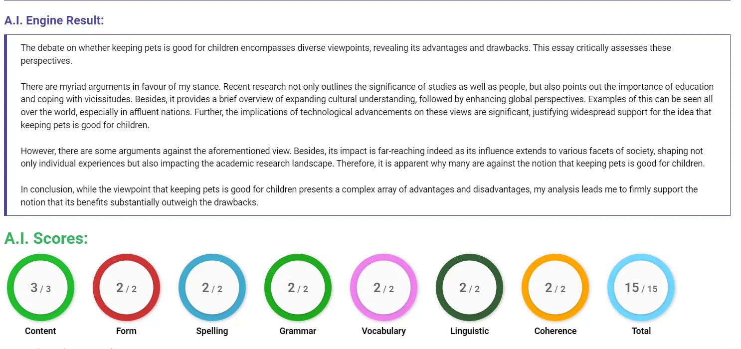 AI assessment screenshot for Are Pets Good or Bad for Children?