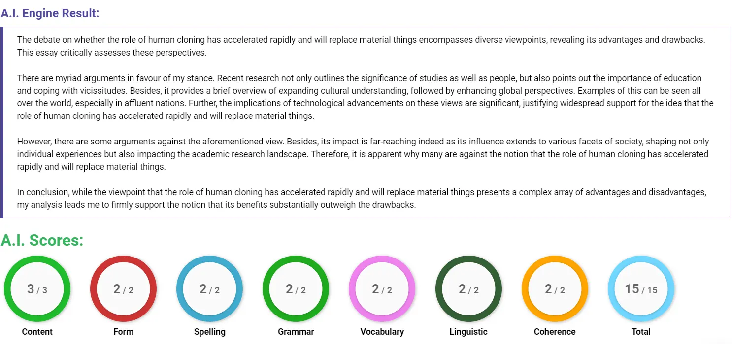 AI assessment screenshot for Will Human Cloning Replace Material Things?