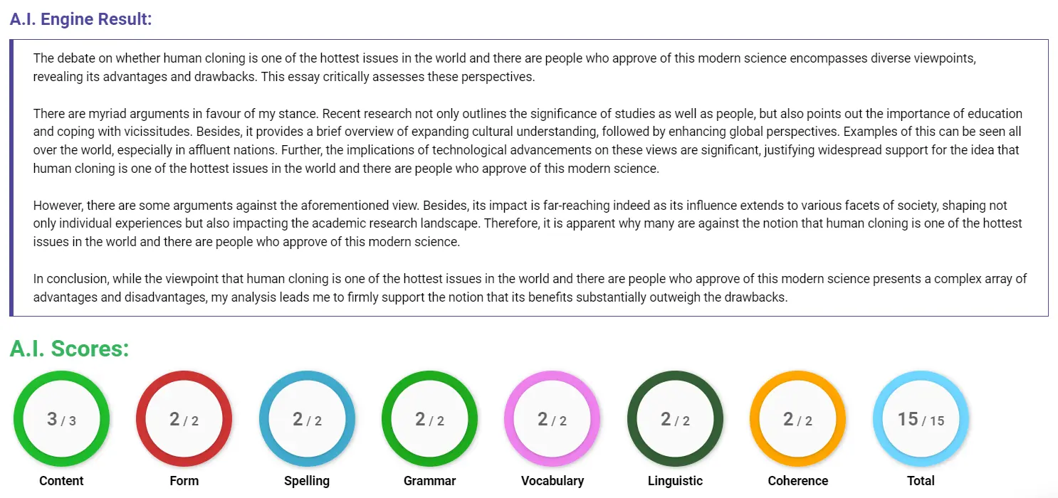 AI assessment screenshot for Is Human Cloning Good or Bad?