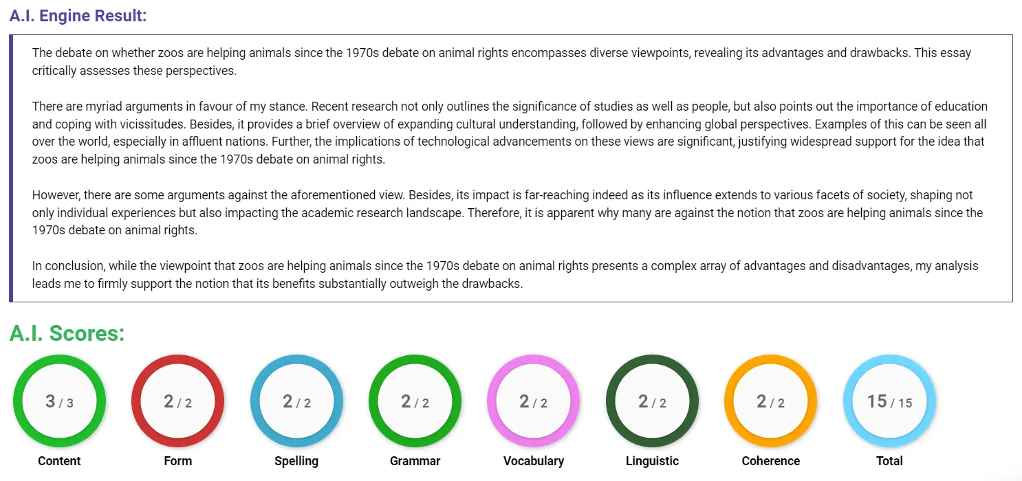 AI assessment screenshot for Are Zoos Good or Bad for Animals?