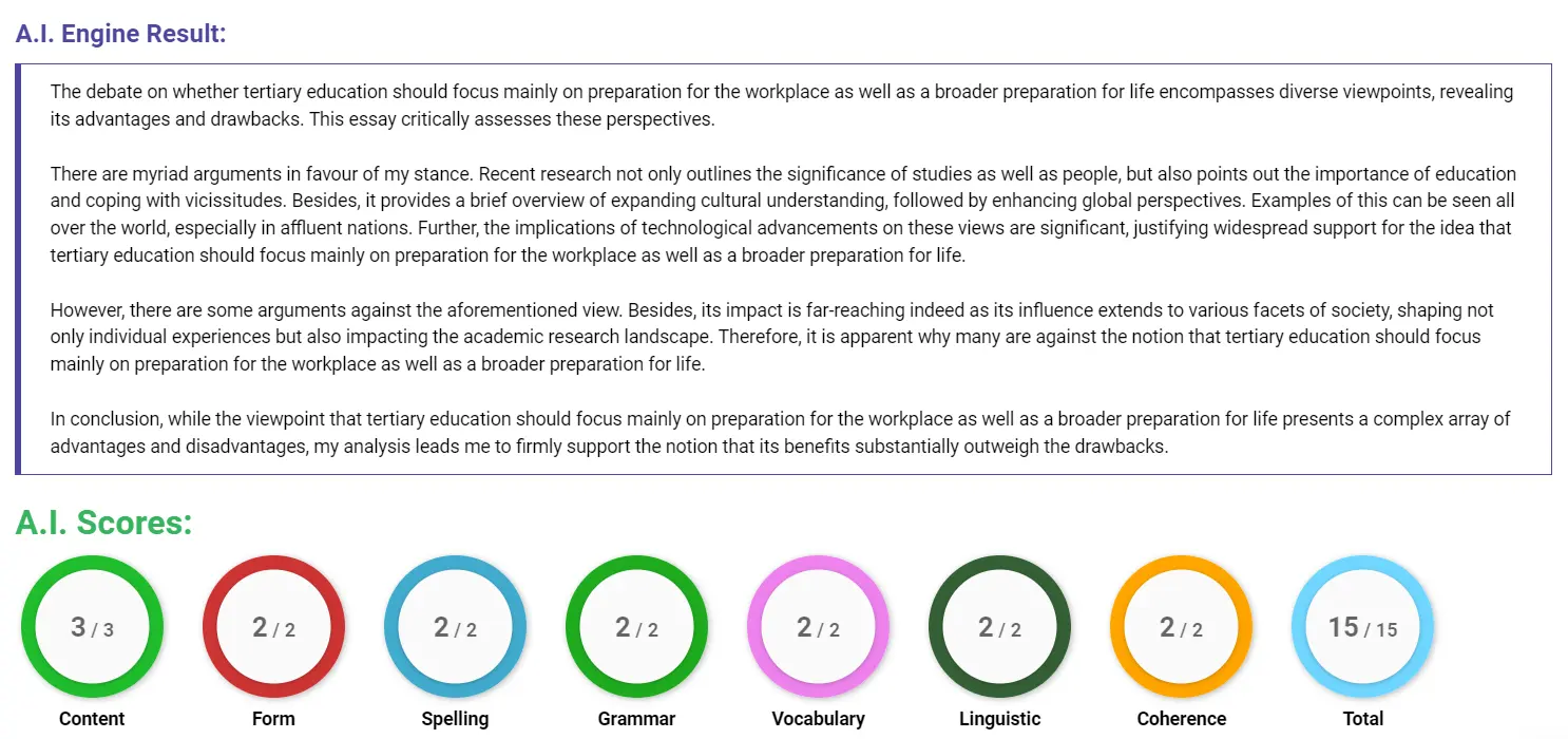 AI assessment screenshot for Tertiary Education: Job Preparation or Life Skills?