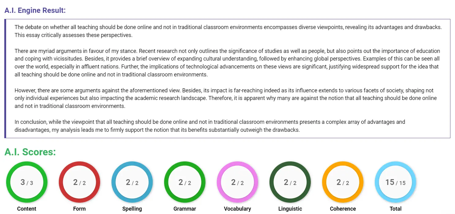 AI assessment screenshot for Is Online Learning Better Than Traditional Classrooms?