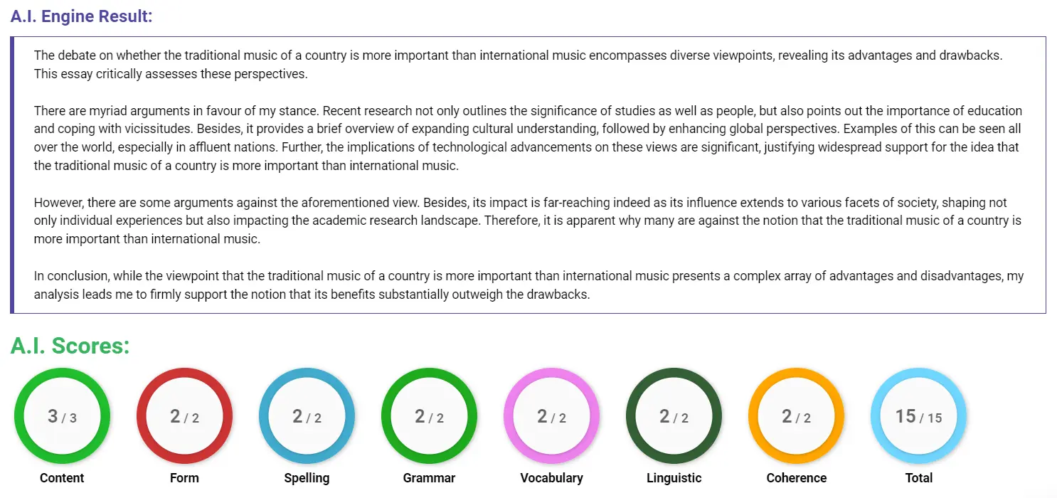 AI assessment screenshot for Importance of Music: Traditional vs. International